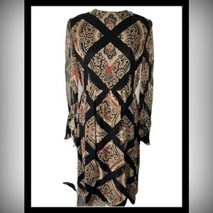 1960s Oscar De La Renta Boutique Maxi Dress Black Gold Print Mod Silk